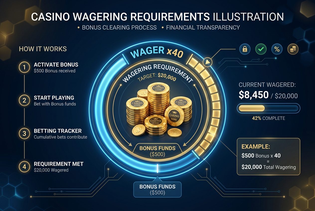 Infografika przedstawiająca mechanizm obrotu bonusem kasynowym typu wager