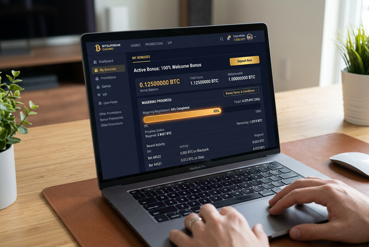 Panel bonusowy w kasynie krypto z saldem w BTC i paskiem postępu obrotu