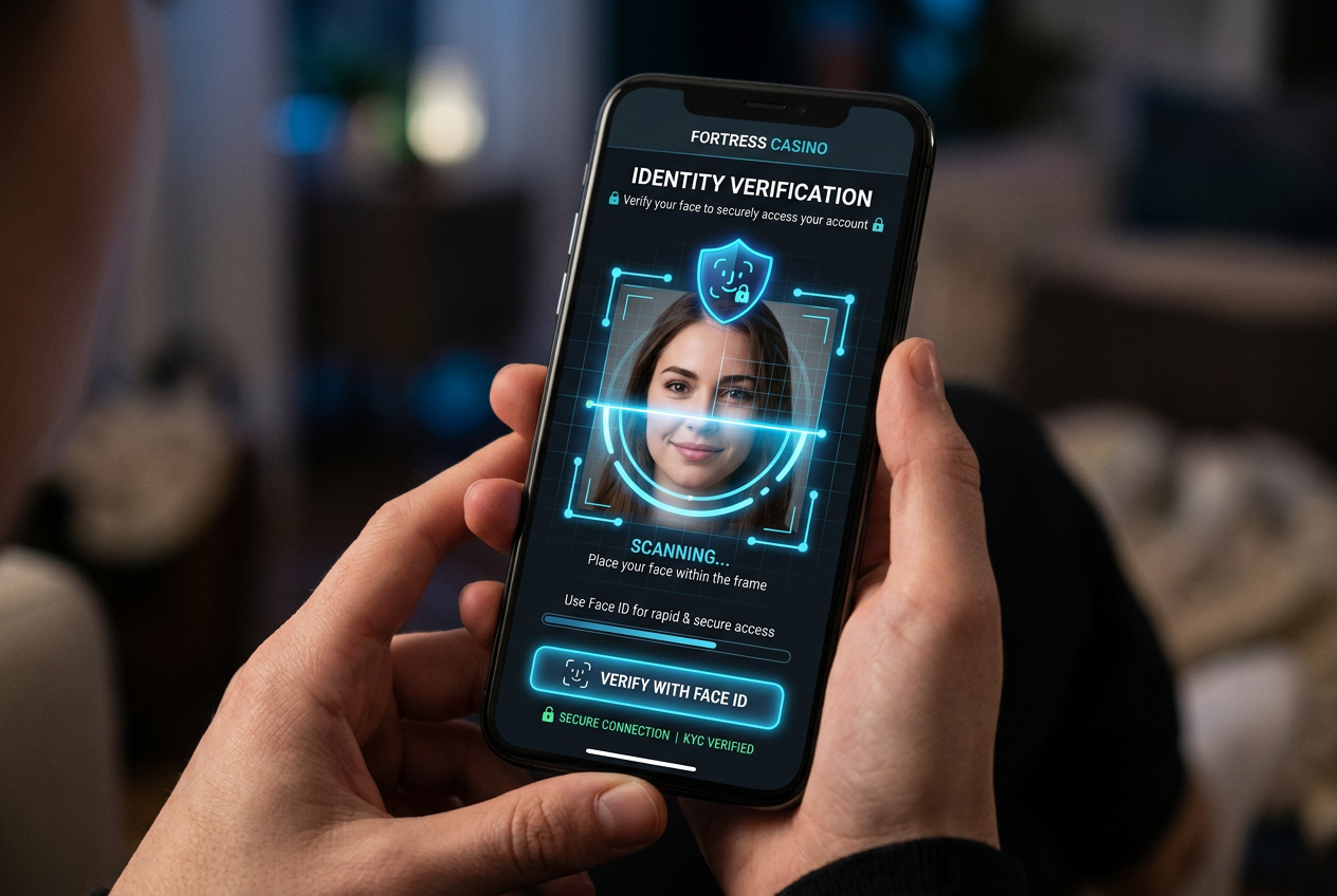 Smartfon z procesem weryfikacji tożsamości w kasynie online i autoryzacją biometryczną
