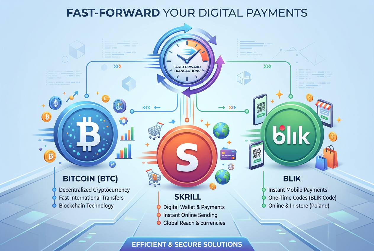 Zestawienie metod płatności e-wallets i krypto - infografika
