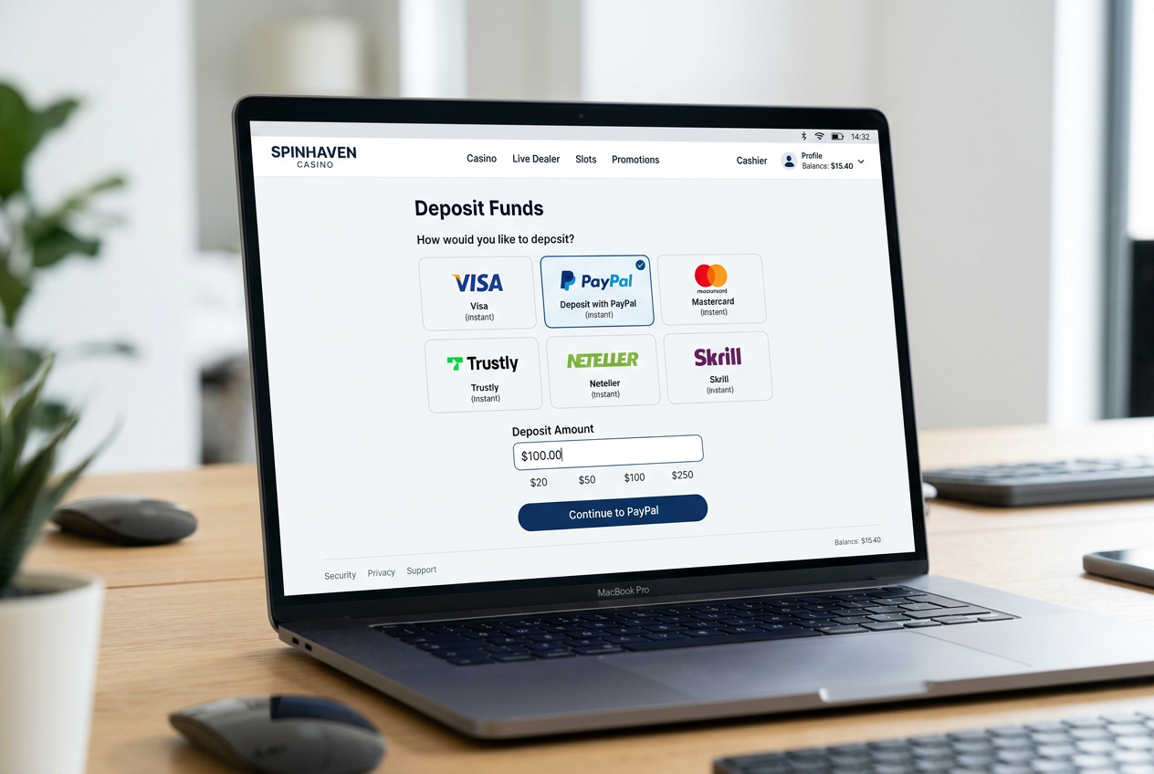 Zrzut ekranu panelu depozytu z ikoną PayPal w nowoczesnym interfejsie kasyna online