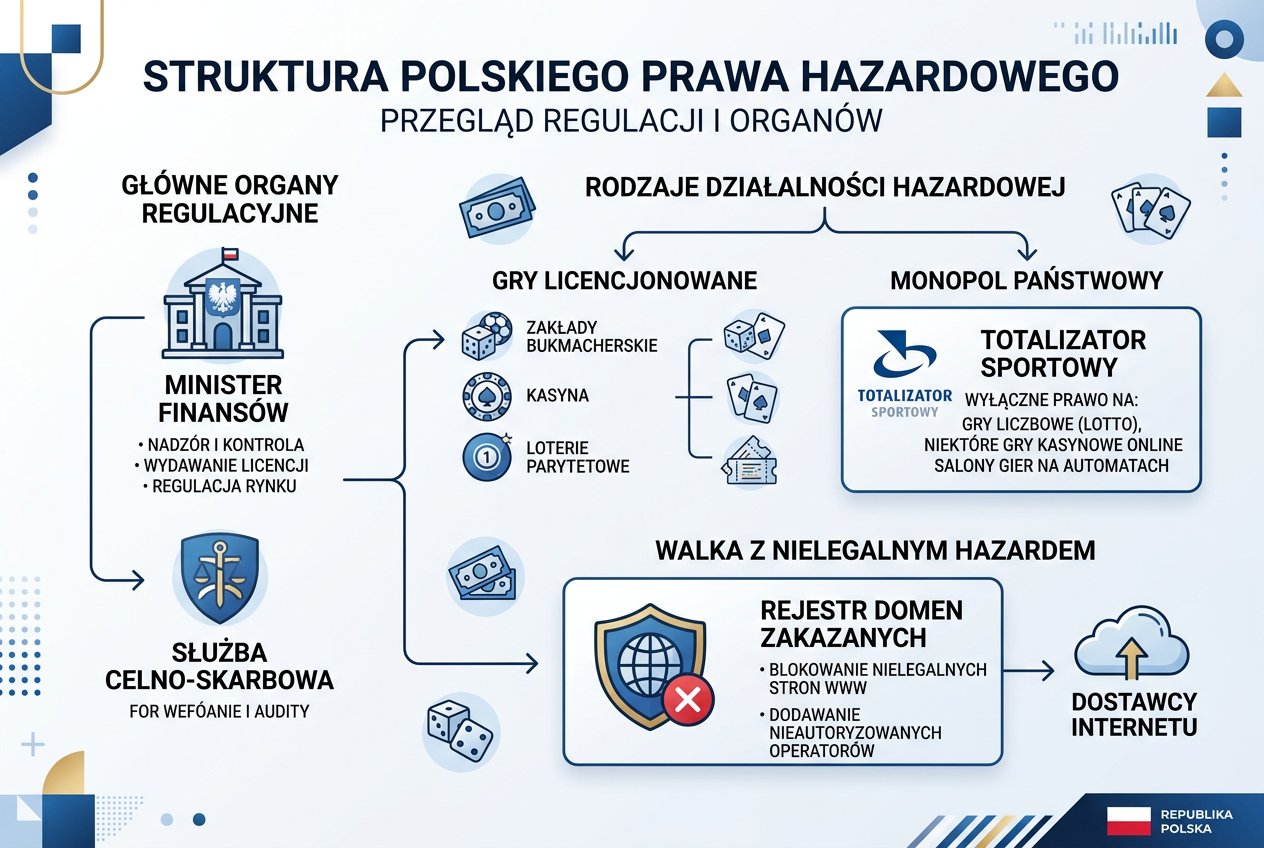 Infografika przedstawiająca strukturę polskiego prawa hazardowego, Ministerstwo Finansów i Rejestr Domen Zakazanych
