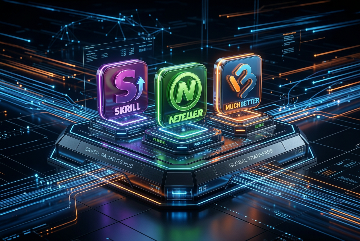 Porównanie logotypów Skrill Neteller MuchBetter na finansowym tle